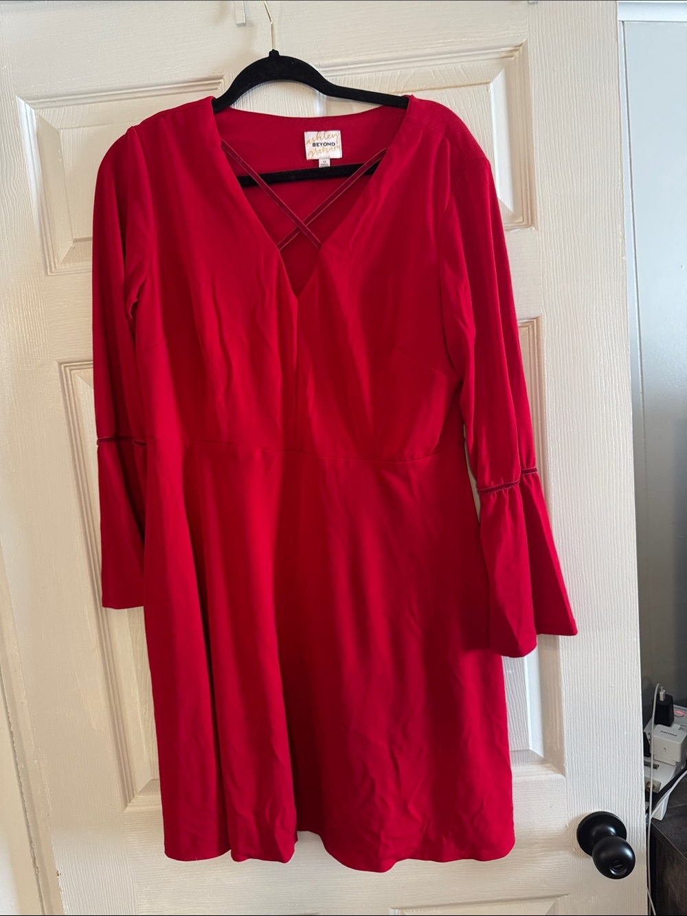 Beyond by Ashley Graham Red Long Sleeve V-Neck Dress with Crisscross Detail